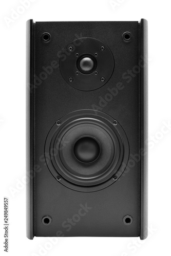 Audio speakers in wooden case. Isolated on white background.