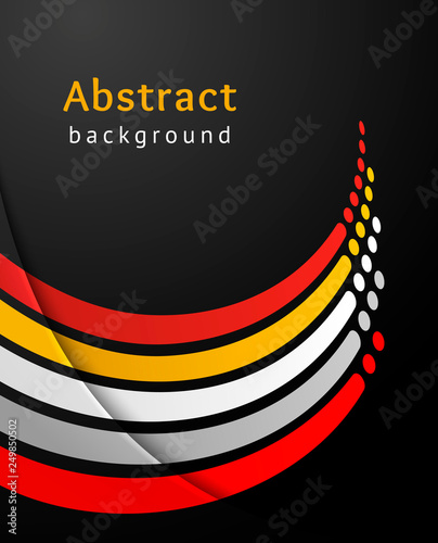 Curved colored stripes with circles over black background. Retro vector backdrop. Design template. Abstract lines turned upwards.