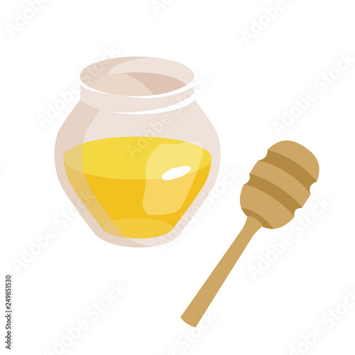 Easter theme. Dietary food. Food for Lent time. Transparent jar with honey. Wooden stick for honey