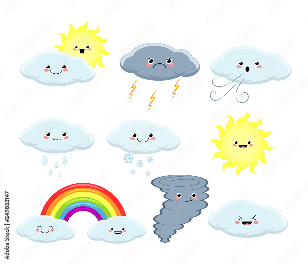 Kawaii set of different weather vector illustration isolated on white background.