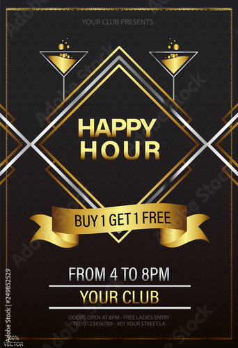 Elegant gold Happy Hours flyer, banner or template design with frame and wine glass on black ornament background. Vintage concept background, art template, retro elements, logo, labels, layout, badge,
