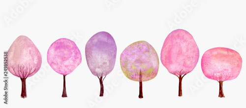 Spring pink trees set background. Watercolor cartoon colorful fresh tree collection