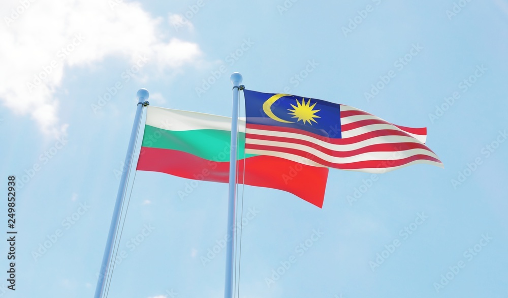 Malaysia and Bulgaria, two flags waving against blue sky. 3d image