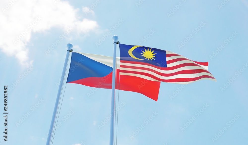 Malaysia and Czech Republic, two flags waving against blue sky. 3d image