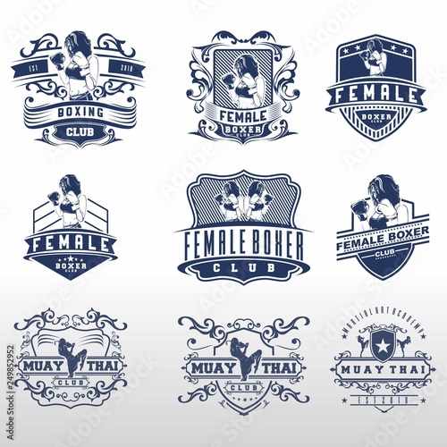 Set of vintage boxing emblems, labels, badges, logos and designed elements. Monochrome style - Vector