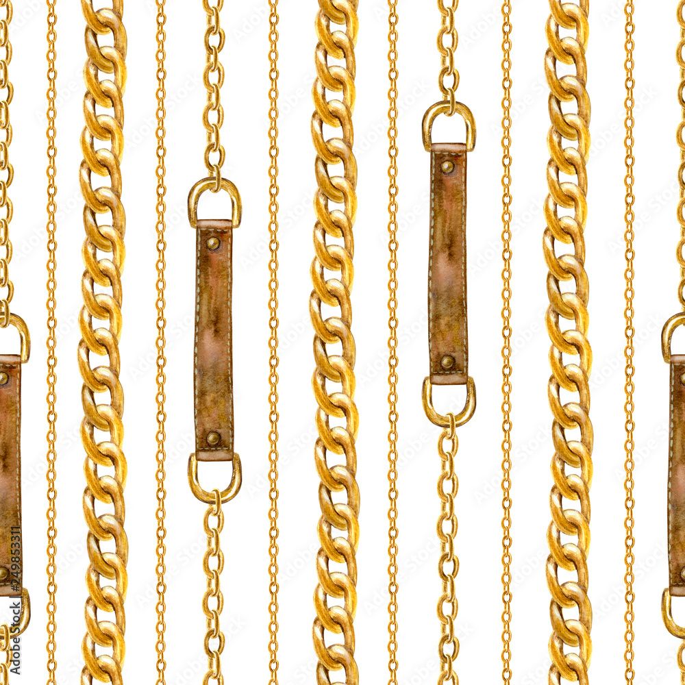 Golden chain glamour seamless pattern illustration. Watercolor texture with golden chains and leather belts.