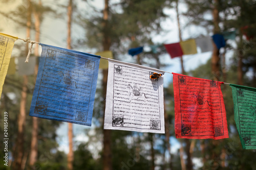 Colorful prayer flags (lungta/darcho) of Buddhist philosophy with mantra and butterfly in the wind. Soft focus with bokeh