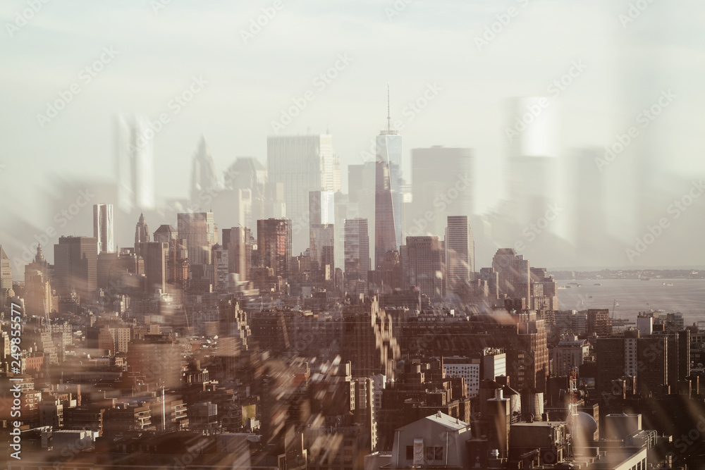 Double exposure of skyscrapers of New York City, Manhattan.  USA. Concept