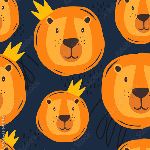Muzzle of lions with crowns, hand drawn backdrop. Colorful seamless pattern with muzzles of animals. Decorative cute wallpaper, good for printing. Overlapping colored background vector