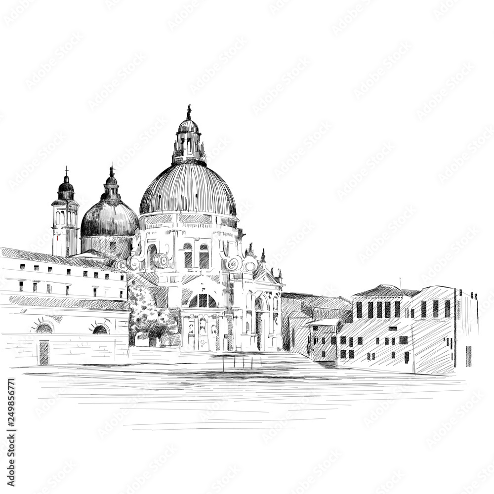 Cathedral Santa Maria della Salute in Venice, Italy. Vector drawing. City landscape. Europe. Tourist attraction. Historic place