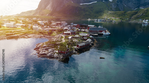 Reine in Lofoten Islands, Norway, with traditional red rorbu huts.