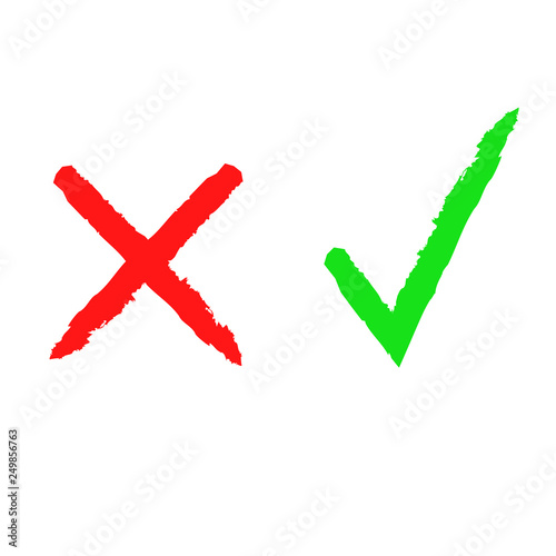 Yes and no symbol. Green check mark and red cross against white background. Vector illustation. Checklist mark. Tick icon set