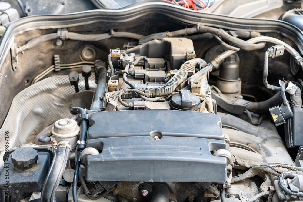 close up detail of old and dirty automobile power engine by take off cover crankcase prepare for check or repair at garage close up detail of old and dirty automobile power engine by take off cover crankcase prepare for check or repair at garage
