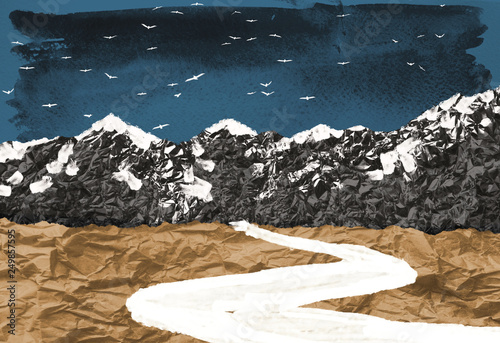 Surreal collage composition made of torn pieces of watercolored paper, craft, foil. Landscape with snow-crowned mountains and curved pathway, flock of birds above. Cut out fragments hand made painted.
