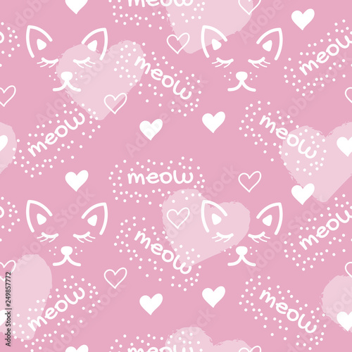 Vector seamless pattern with cute cats and hearts. Girlish or children background. Can be used for print on clothes for boys and girls, wrapping paper, web or design of banners. EPS10.