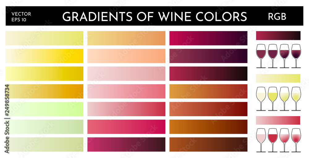 Example of gradients of wine colors. Tones of different types of wine, red, white and pink. Graphic elements for designers.