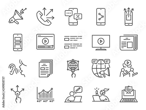 Advertising line icon set. Included icons as advertise, online marketing, blogger, influencer, mobile marketing and more.