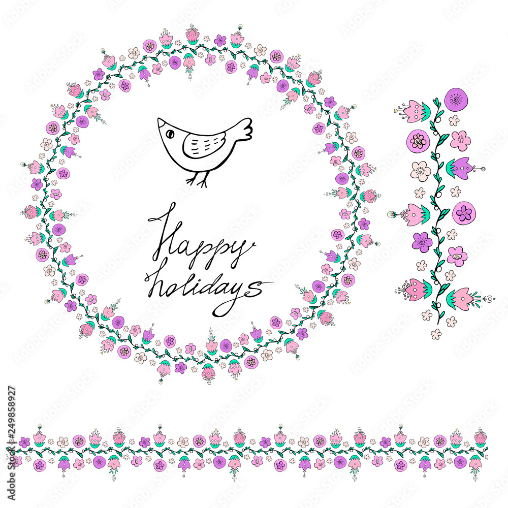 Happy holiday. Summer. Spring. Gentle flowers on a white background pastel colors. Seamless brush, wreath. Little bird Doodle Happy holiday. Summer. Spring. Gentle flowers on a white background pastel colors. Seamless brush, wreath. Little bird Doodle