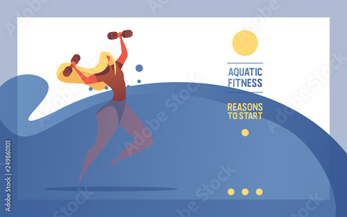 Vector horizontal flat illustration with water aerobics concept. Young woman with dumbbells in abstract water pool. Landing page or banner good for healthy swimming pool ad or promotion