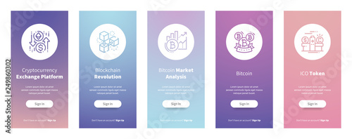 Cryptocurrency Exchange Platform, Blockchain Revolution, Bitcoin Market Analysis, Bitcoin, ICO Token Vertical Cards with strong metaphors.