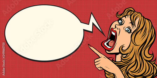pop art woman points. Funny emotional girl