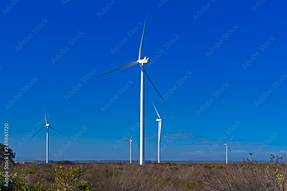 Five wind turbines in field