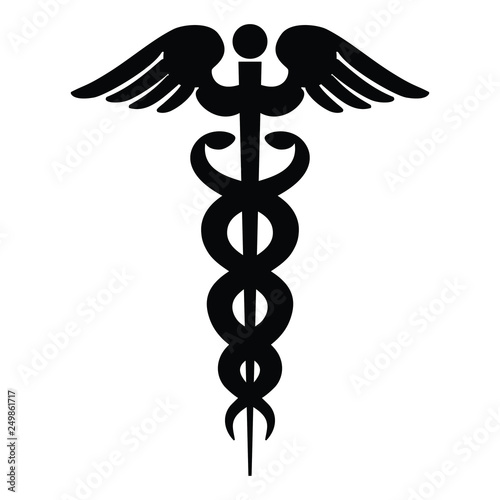 A black and white vector silhouette of a caduceus