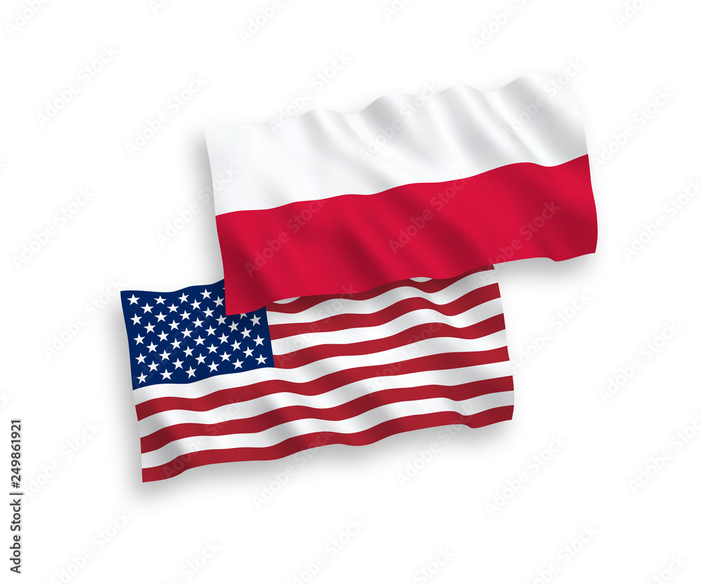 Obraz premium National vector fabric wave flags of Poland and America isolated on white background. 1 to 2 proportion.