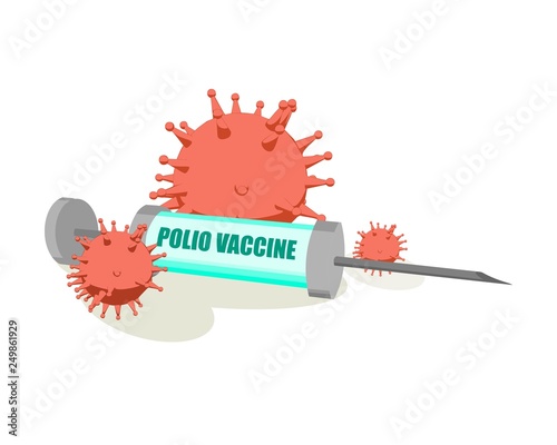 Syringe with flu shot text. Abstract image relative to vaccination. Virus models and syringe with vaccine.