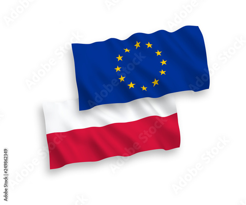 National vector fabric wave flags of Poland and European Union isolated on white background. 1 to 2 proportion.