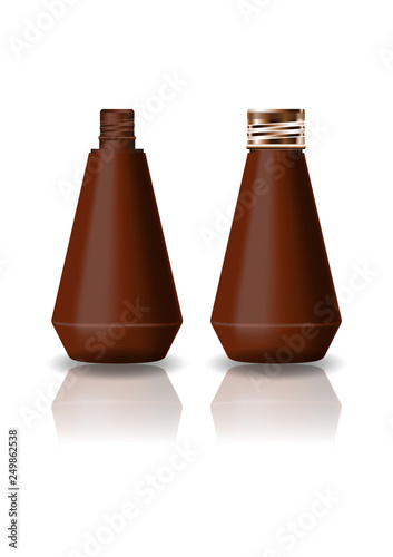 Blank brown cone shape cosmetic bottle with screw lid for beauty or healthy product. Isolated on white background with reflection shadow. Ready to use for package design. Vector illustration.
