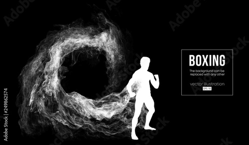 Abstract silhouette of a boxer, mma, ufc fighter on the dark, black background from particles, dust, smoke, steam. Boxer is winner. Background can be changed to any other. Vector illustration