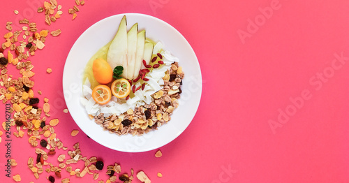  Healthy breakfast. Muesli with fruit.