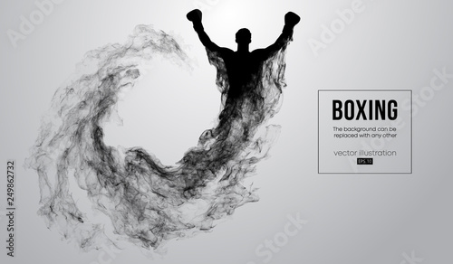 Abstract silhouette of a boxer, mma, ufc fighter on the white background from particles, dust, smoke, steam. Boxer is winner. Background can be changed to any other. Vector illustration