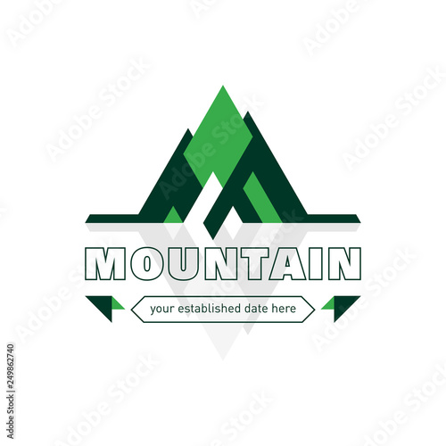 Green geometric mountains logo template. For sports shops, tourism and nature reserves. Creative and modern symbol for company identity, advertising, poster, leaflet, banner, web and flyer.