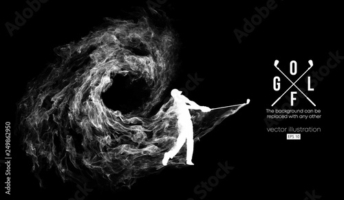 Abstract silhouette of a golf player, golfer on the dark, black background from particles, dust, smoke, steam. Golfer kicks the ball. Background can be changed to any other. Vector illustration photo