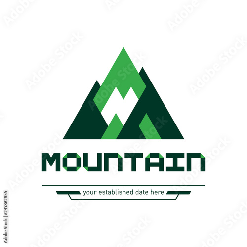 Green geometric mountains logo template. For sports shops, tourism and nature reserves. Creative and modern symbol for company identity, advertising, poster, leaflet, banner, web and flyer.