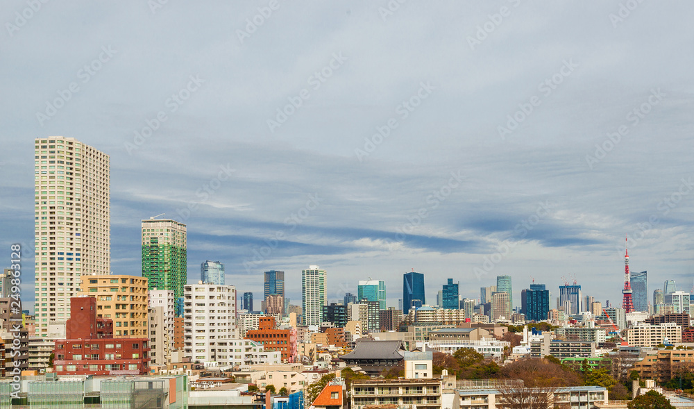 View of Tokyo modern skyline with cloudy sky, from Shinagawa district