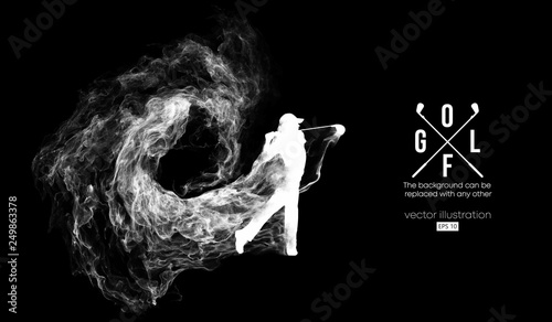 Abstract silhouette of a golf player, golfer on the dark, black background from particles, dust, smoke, steam. Golfer kicks the ball. Background can be changed to any other. Vector illustration