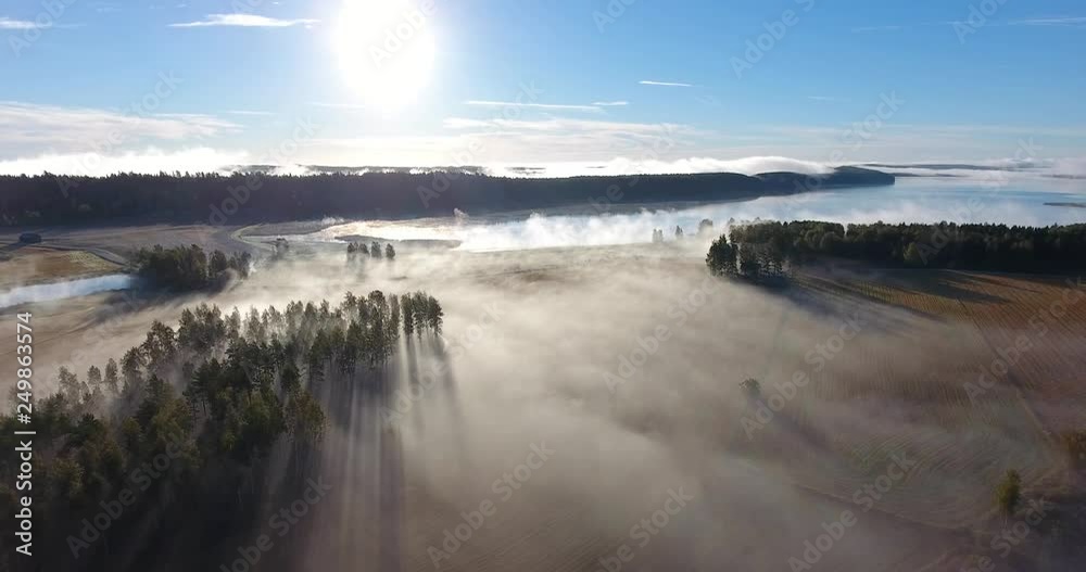 Aerial view of morning mist over fields on sunny summer morning Aerial view of morning mist over fields on sunny summer morning