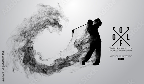 Abstract silhouette of a golf player, golfer on the white background from particles, dust, smoke, steam. Golfer kicks the ball. Background can be changed to any other. Vector illustration