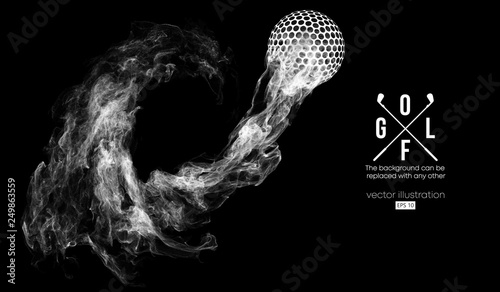Abstract silhouette of a golf ball on the dark, black background from particles, dust, smoke, steam. Golf player, golfer. Background can be changed to any other. Vector illustration