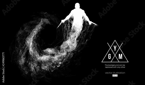 Abstract silhouette of a bodybuilder. gym logo on the dark, black background from particles, dust, smoke, steam. Bodybuilder training. Background can be changed to any other. Vector illustration