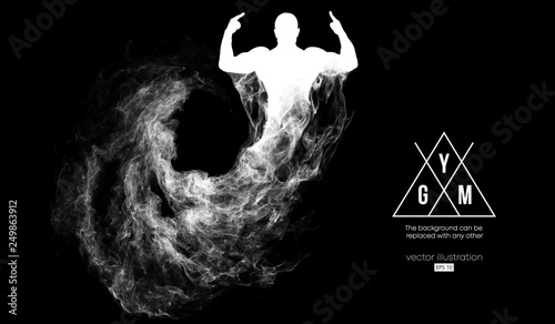 Abstract silhouette of a bodybuilder. gym logo on the dark, black background from particles, dust, smoke, steam. Bodybuilder training. Background can be changed to any other. Vector illustration