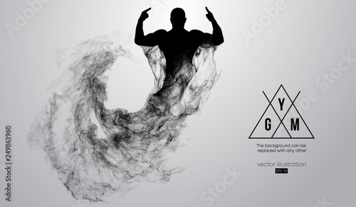 Abstract silhouette of a bodybuilder. gym logo on the white background from particles, dust, smoke, steam. Bodybuilder training. Background can be changed to any other. Vector illustration