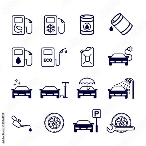 Gas station. Set of 16 monochrome vector icons