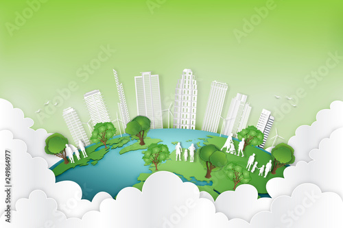 Paper art , cut and craft style of green eco urban city with people and nature cityscape background on the earth as Ecology and environment conservation creative idea concept. Vector illustration.