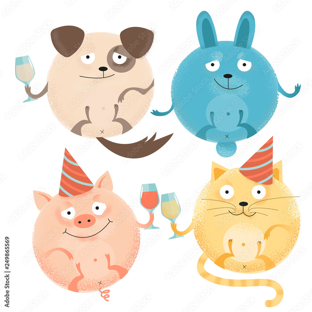 set of 4 Cheerful round animals on holiday with glasses in festive caps. Happy smiling dog, rabbit, cat, pig. Flat textured illustration in cartoon style for social media, poster,greeting card, banner