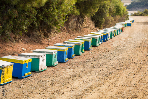 typical beehives along a road in Greece