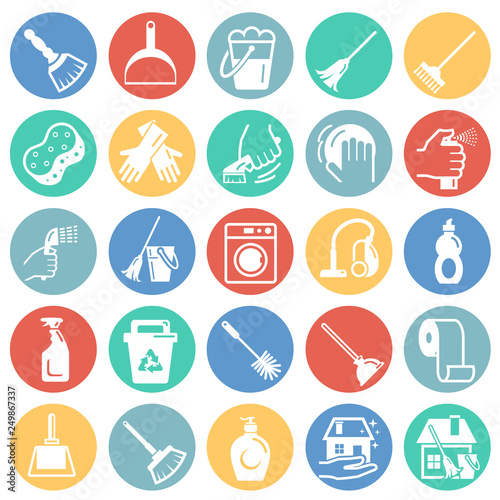 Cleaning icons set on color circles white background for graphic and web design, Modern simple vector sign. Internet concept. Trendy symbol for website design web button or mobile app